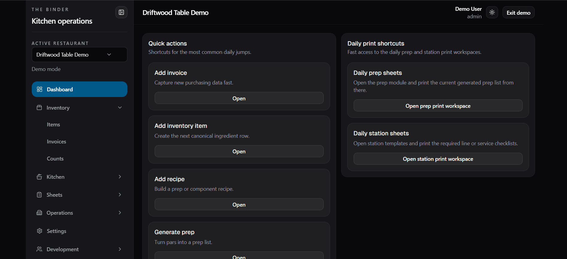 The Binder restaurant dashboard in dark mode