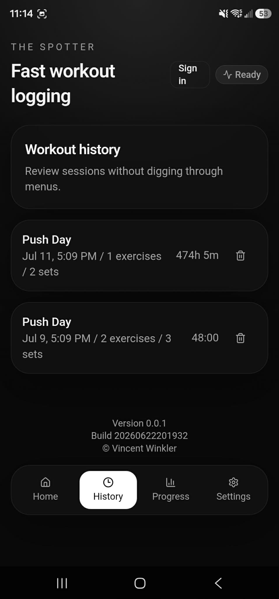 The Spotter workout history screen on Android