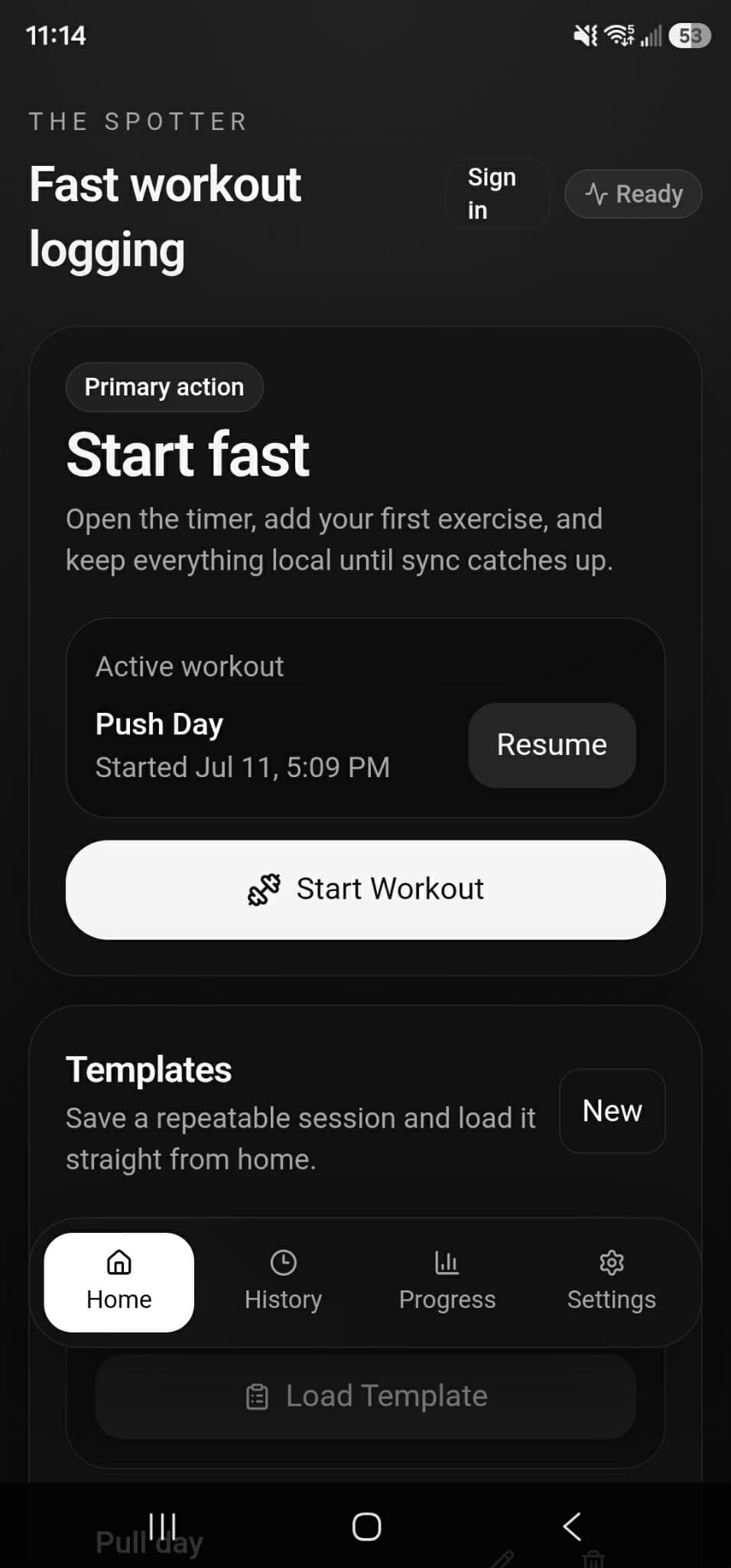 The Spotter workout home screen on Android