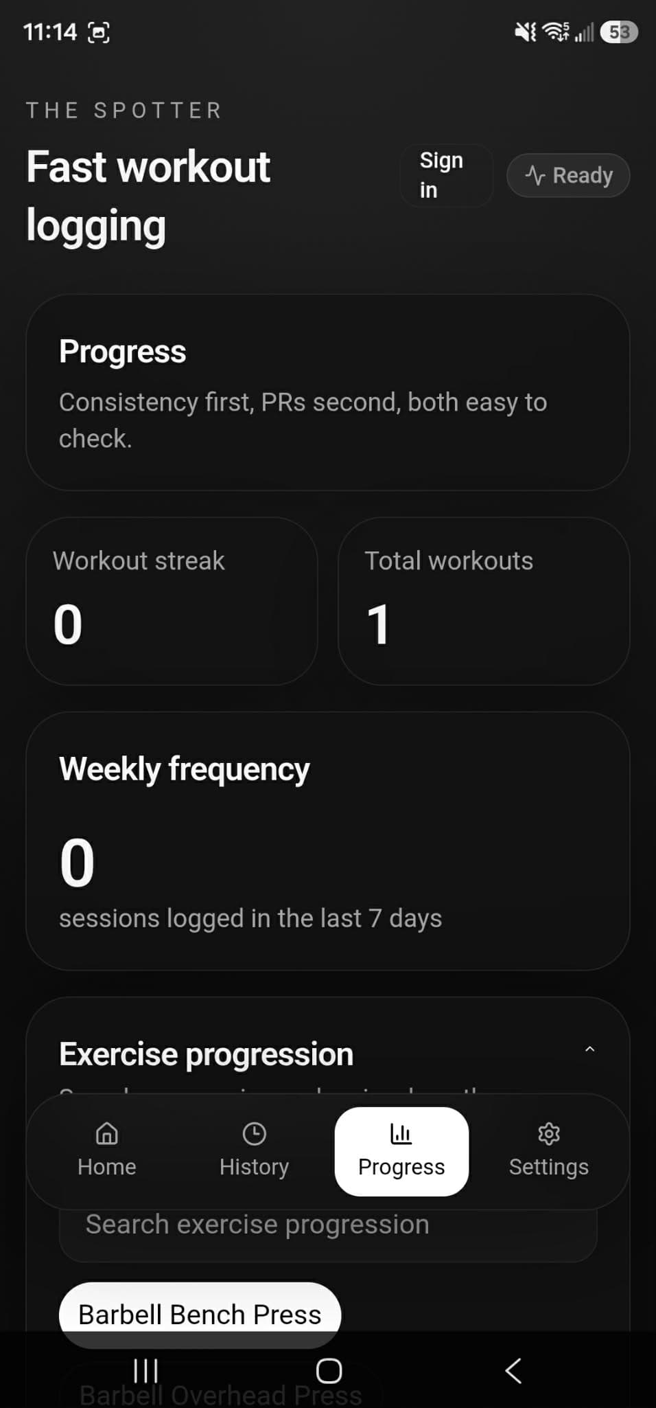 The Spotter workout progress screen on Android